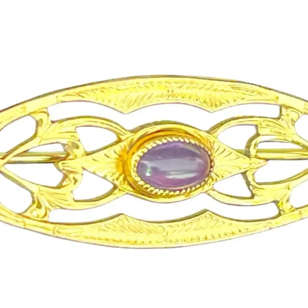 Antique Art Deco 14K 1/20 GF Ornate Mini Bar Brooch Pin+ Paste Amethyst 1.5x.5 - Picture 3 of 9
